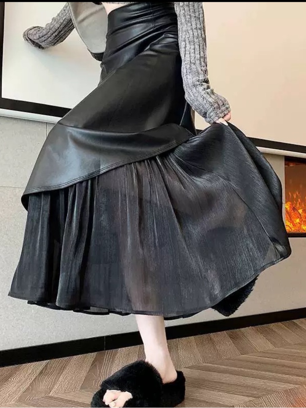 Mermaid Black Faux Leather Layered Midi Skirt
